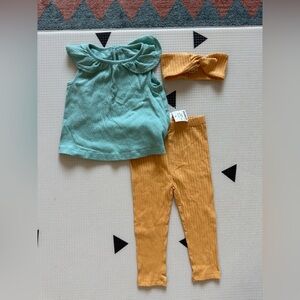 First impressions|Baby girl Aqua Top and Mustard ribbed Leggings + headband•••